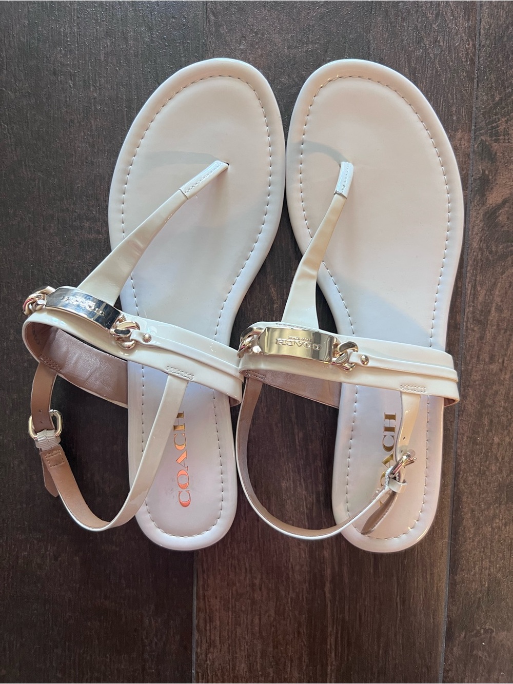 COACH Caterine White Leather T-Strap Sandals with Gold Accent